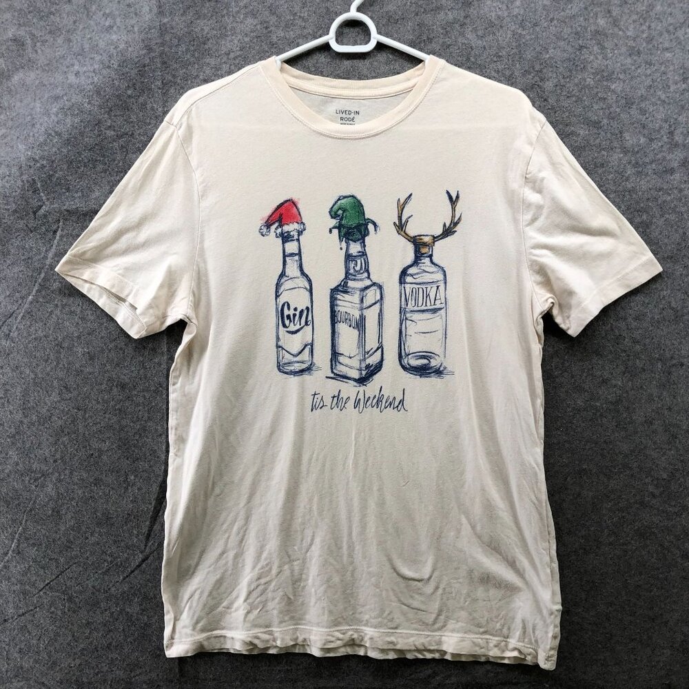 Gap Live In Rode Christmas T Shirt Mens M Beige Short Sleeve Alcohol Drinking